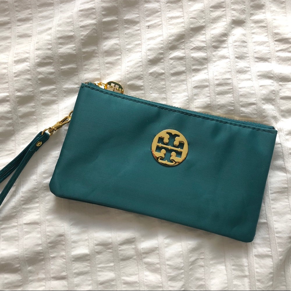 Tory Burch teal satin wristlet/clutch